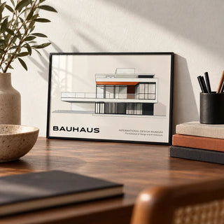 Architecture Art Print, a small A4 framed print leaning on a walnut desk