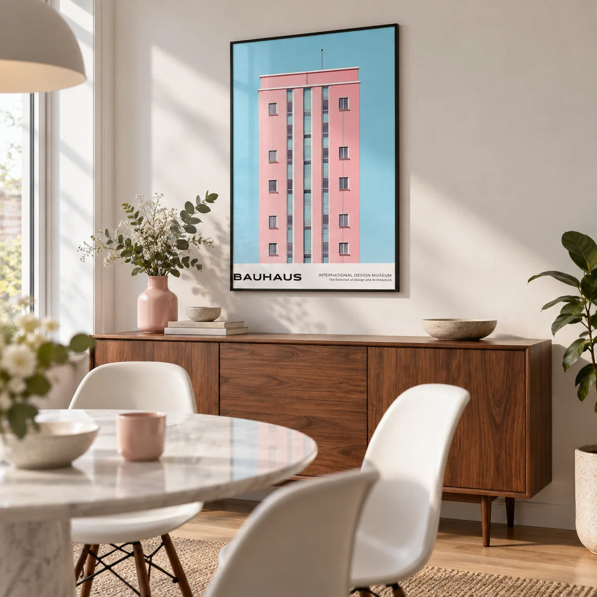 Architecture Art Prints, framed on the wall of a modern dining room