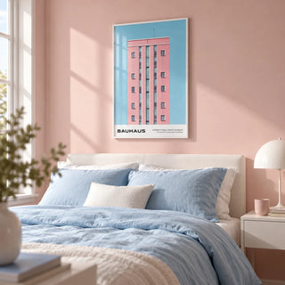 Architecture Art Prints, framed on the wall of a modern pastel bedroom with a soft blush pink painted wall