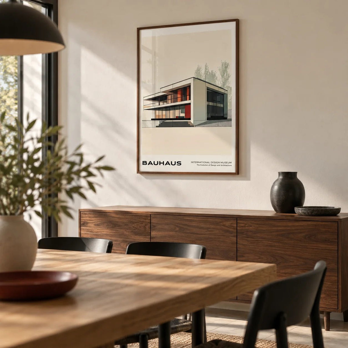Architecture Poster, framed on the wall of a modern dining room