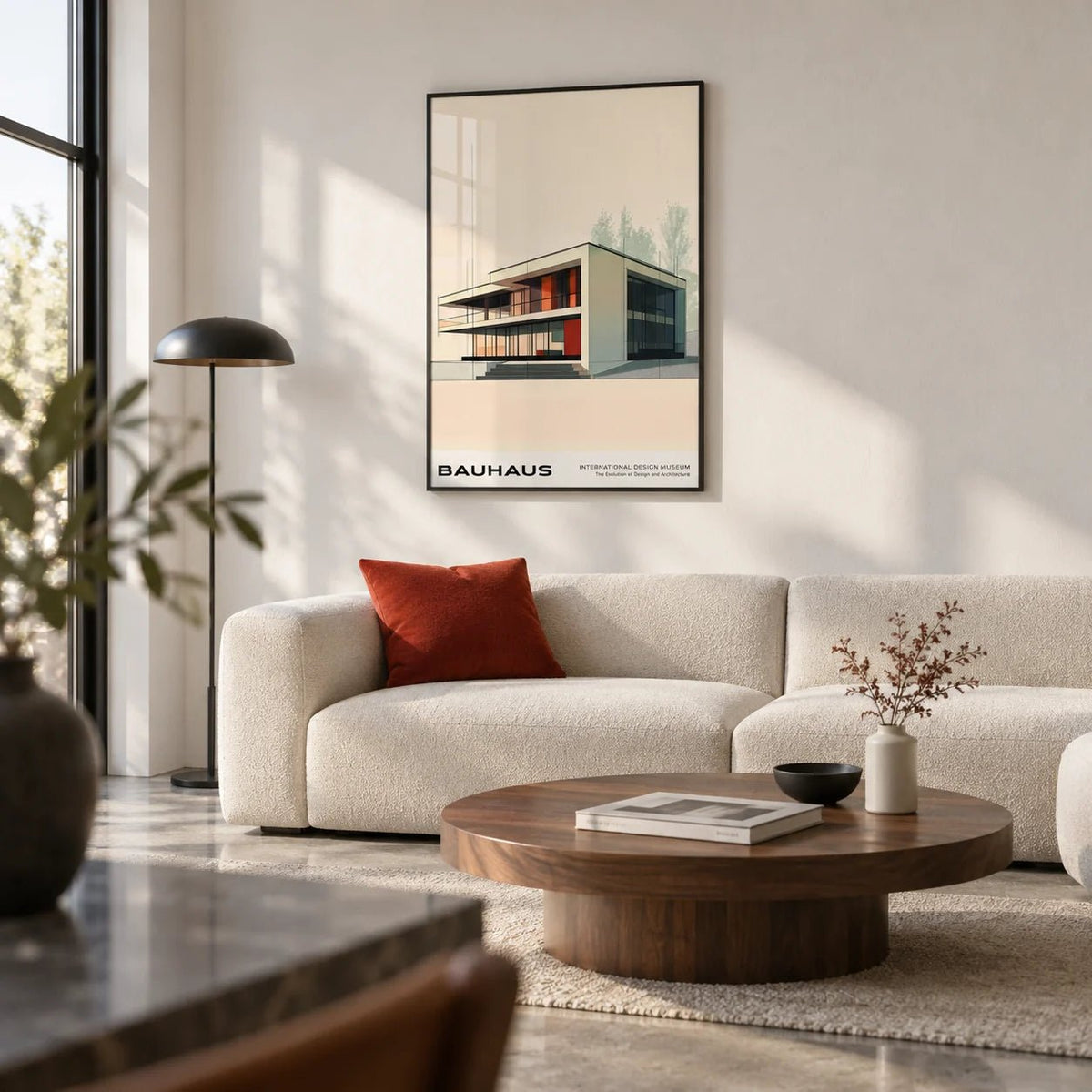 Architecture Poster, framed on the wall of a modern living room with white walls and a polished concrete floor