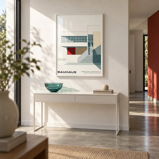 Architecture Posters, framed on the wall of a crisp modern hallway