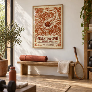 Argentina Open Poster, framed on the wall of a calm home gym in a garden room with a white wall and an oak floor