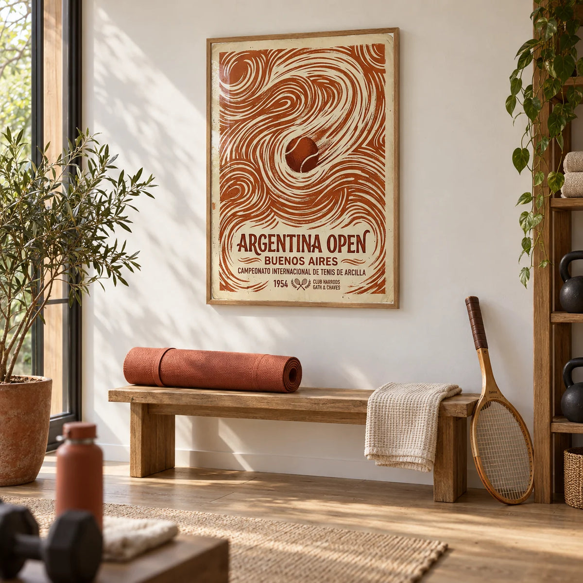 Argentina Open Poster, framed on the wall of a calm home gym in a garden room with a white wall and an oak floor