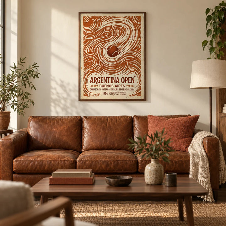 Argentina Open Poster, framed on the wall of a characterful living room with a warm cream wall and dark oak floorboards