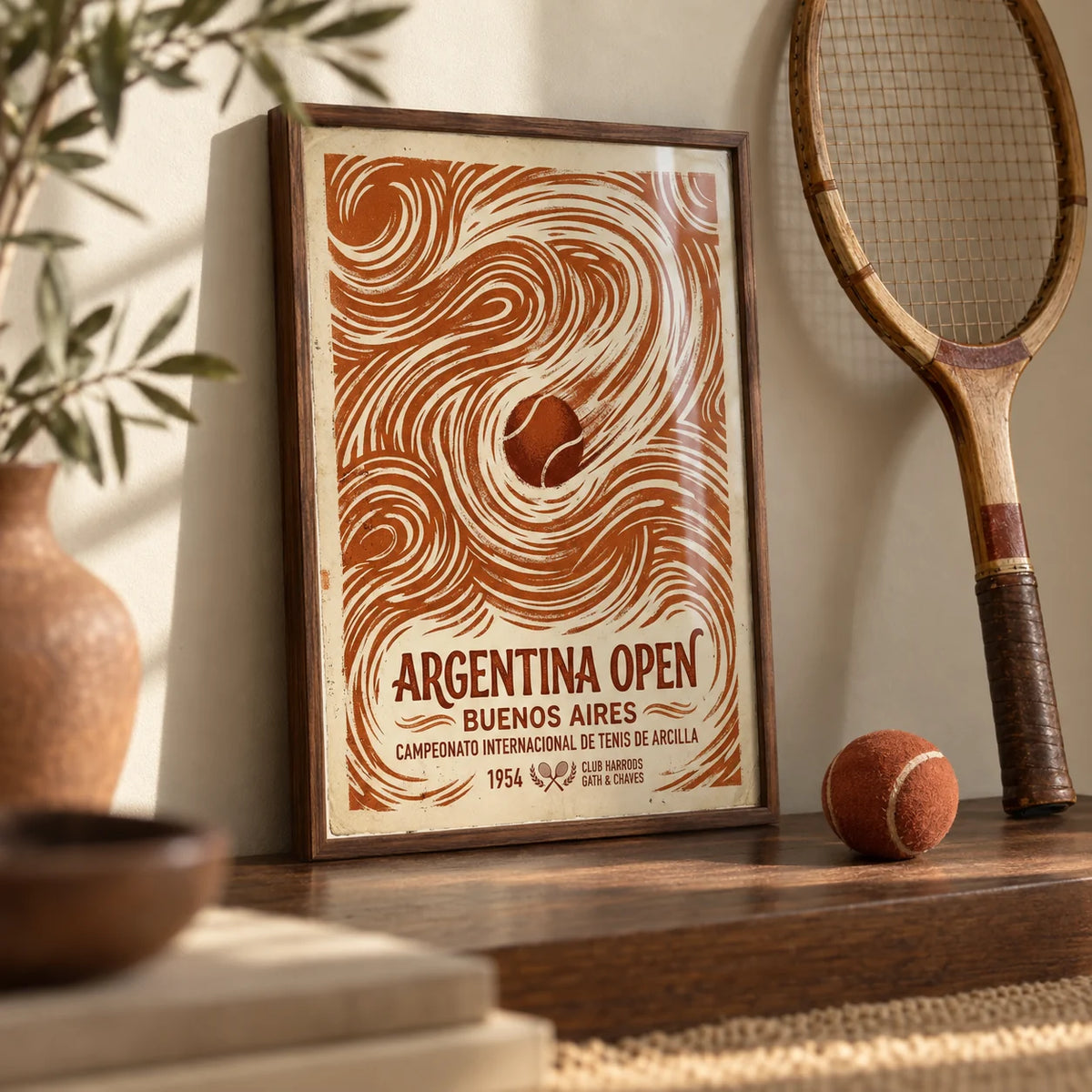 Argentina Open Poster, a small A4 framed print leaning on a walnut shelf in a living room