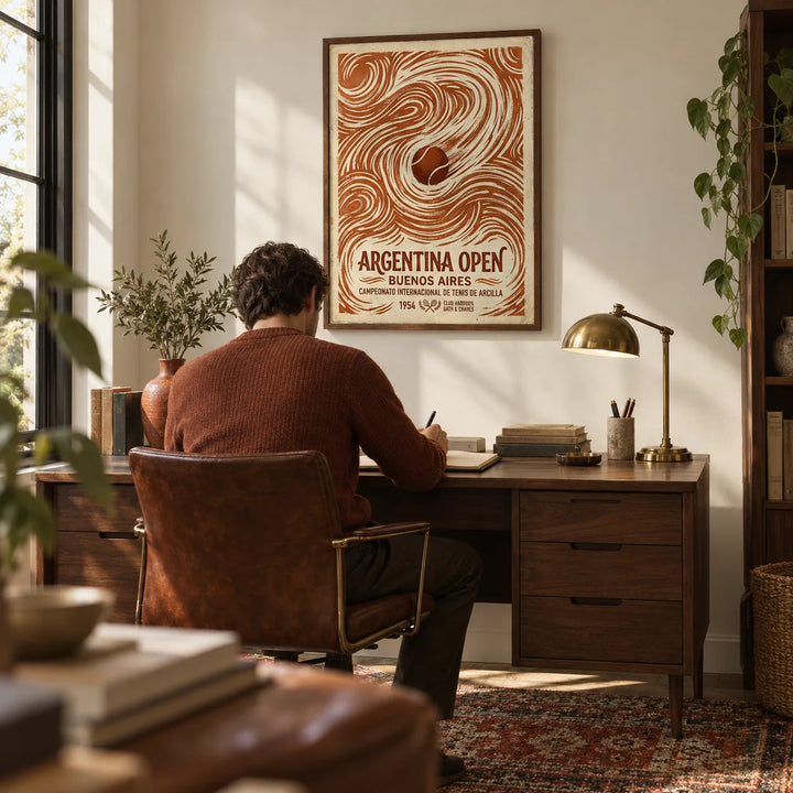 Argentina Open Poster, framed on the wall of a vintage-style home office with a cream wall