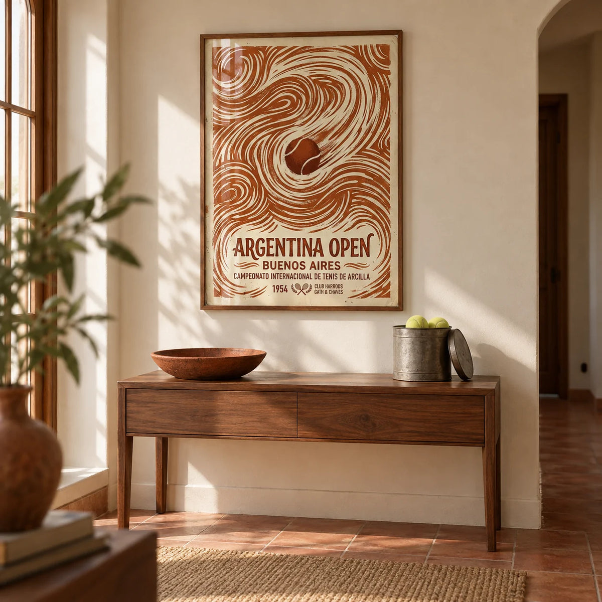 Argentina Open Poster, framed on the wall of a warm hallway with a pale cream wall and a plain terracotta floor