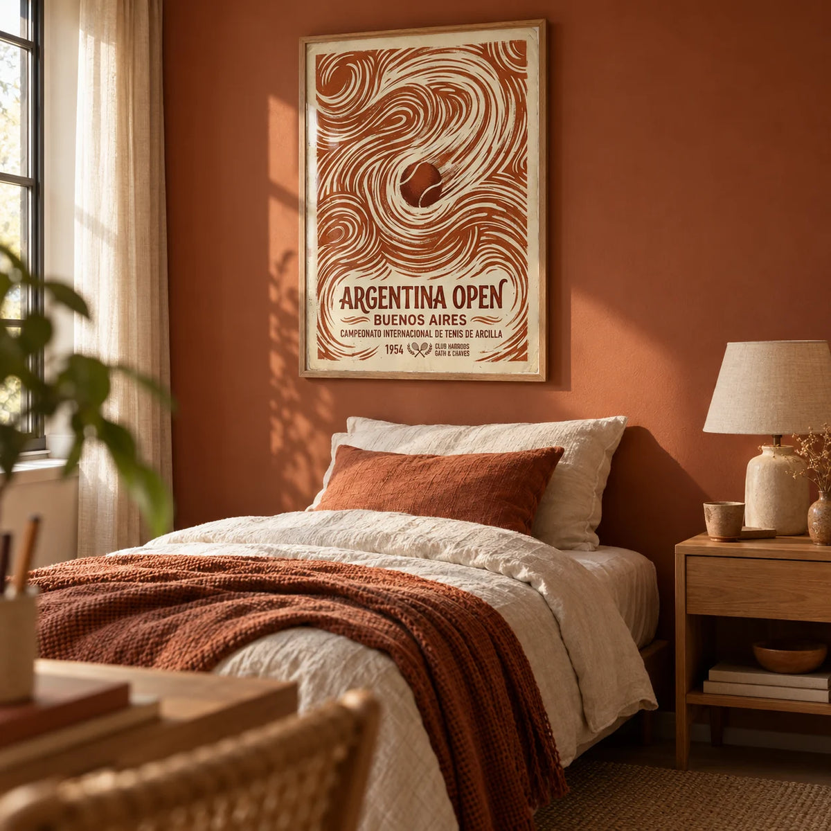 Argentina Open Poster, framed on the wall of a warm single bedroom for a young adult (18-25) with a terracotta painted wall