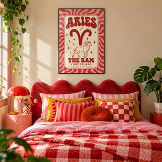 Aries Print, framed on the wall of a colourful dopamine bedroom