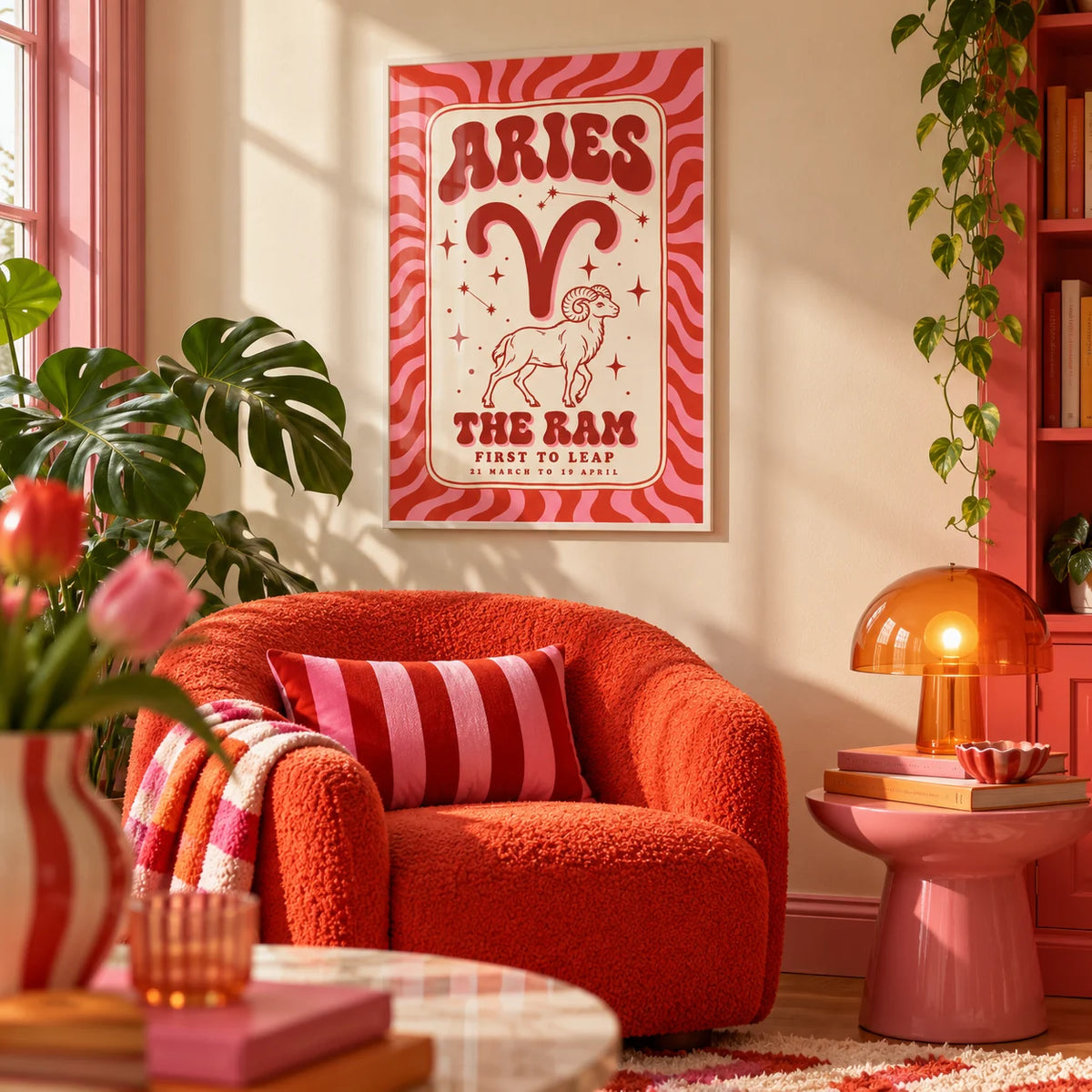 Aries Print, framed on the wall of a cosy colourful reading nook in a living room