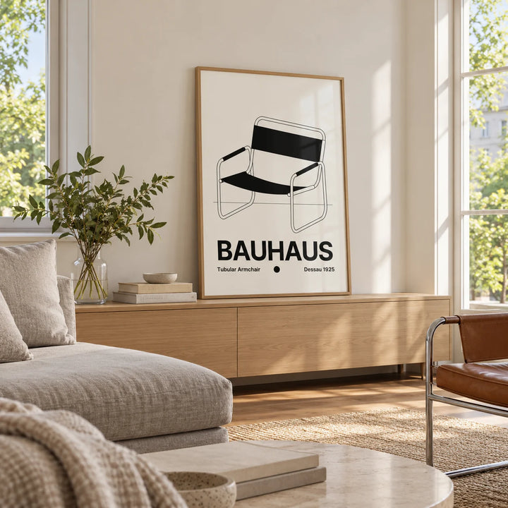 Armchair Print, framed on the wall of a light living room with big windows