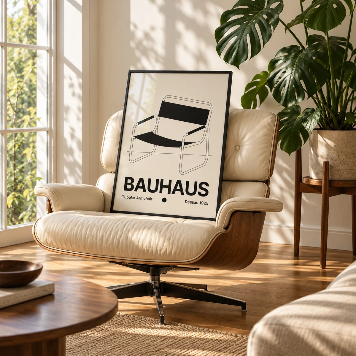 Armchair Print, framed on the wall of a sunny living room corner with a tall window