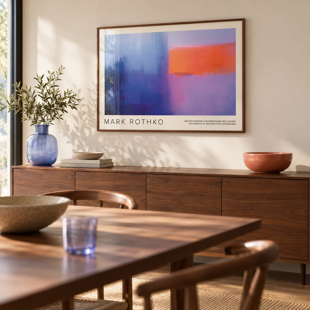 Art by Mark Rothko, framed on the wall of a calm dining room with a cream wall