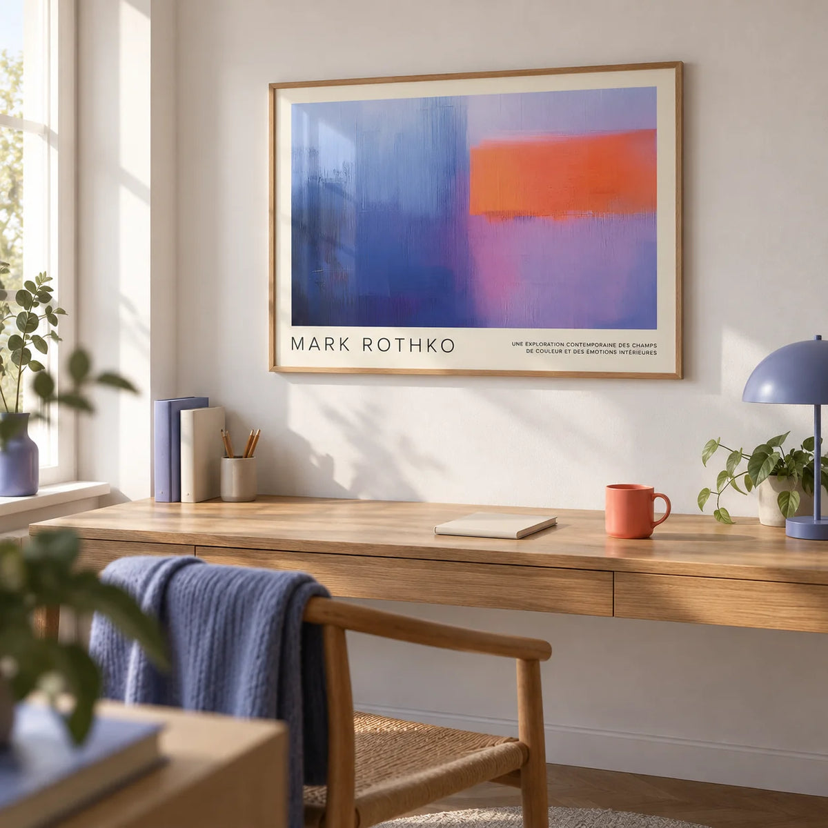 Art by Mark Rothko, framed on the wall of a quiet home office with a white wall