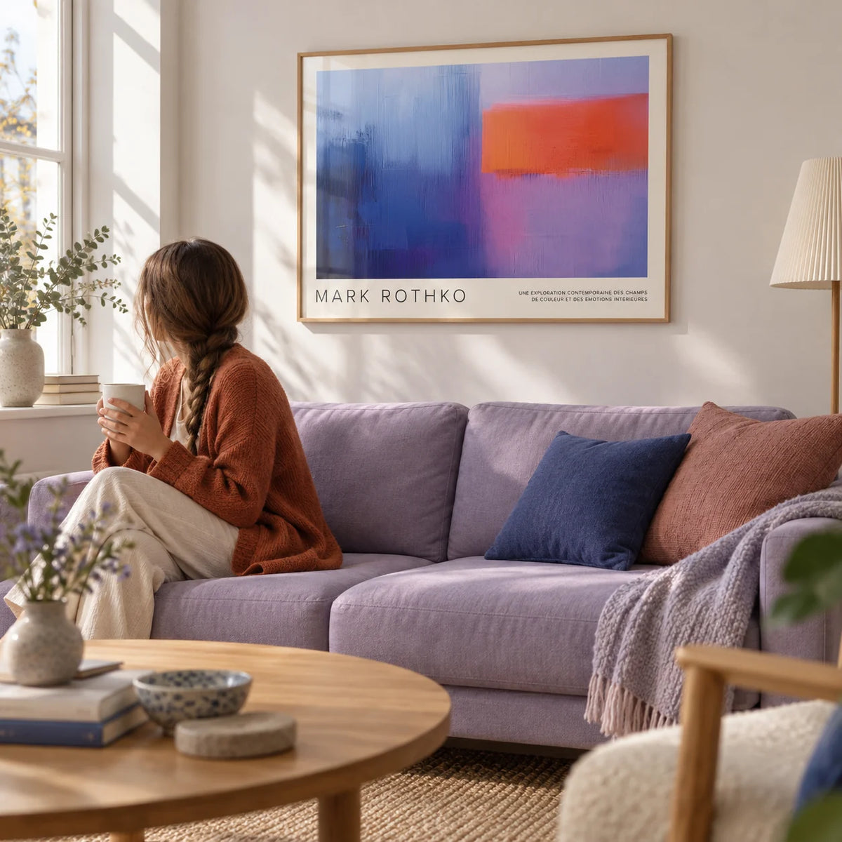 Art by Mark Rothko, framed on the wall of a quiet reading room with a soft white wall in a living room