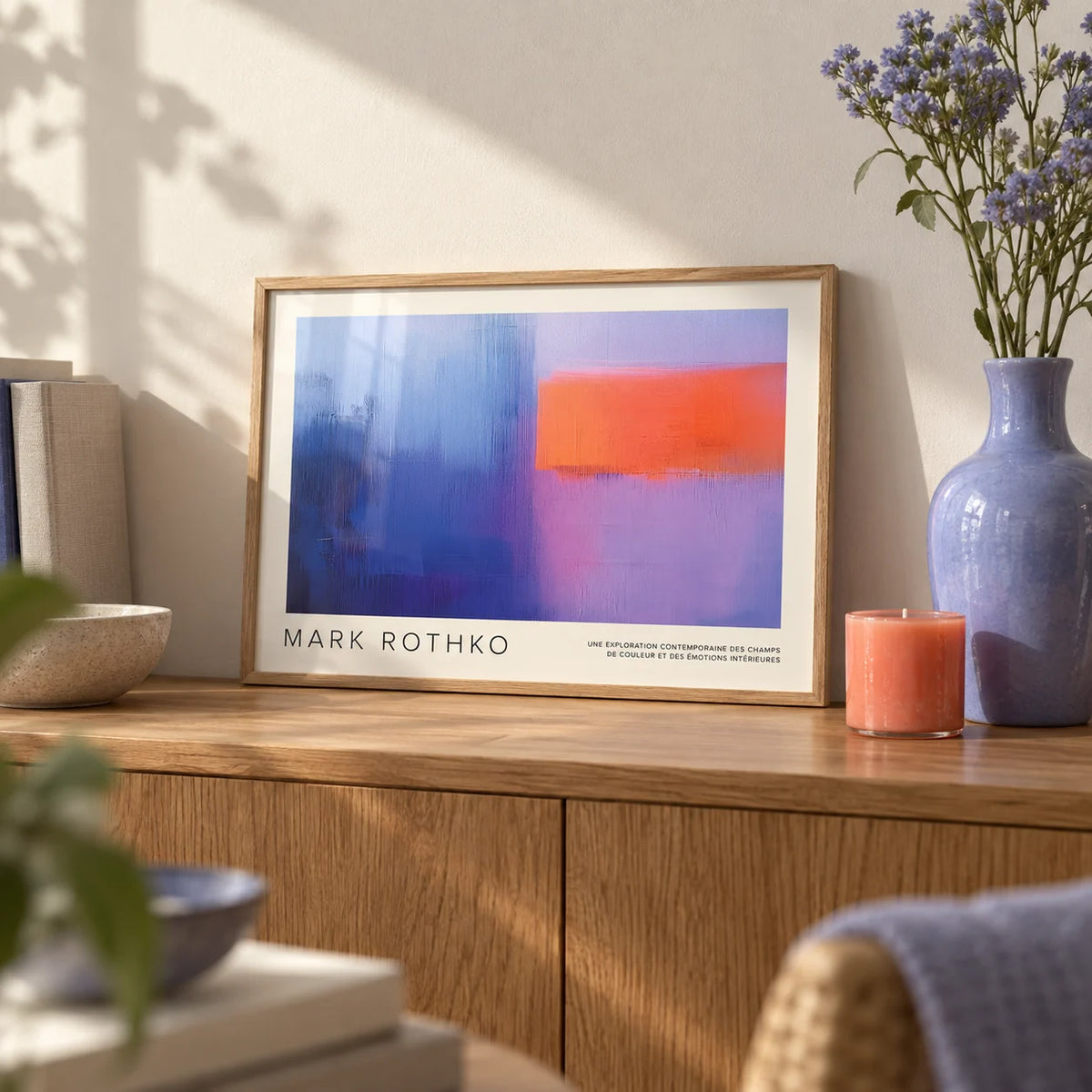 Art by Mark Rothko, a small A4 framed print leaning on an oak sideboard in a living room