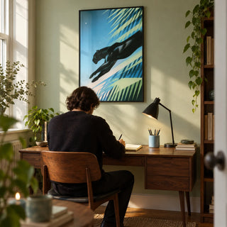 Art Deco Black Panther Print, framed on the wall of a small home study in a design-conscious UK flat with a pale green wall and oak floor