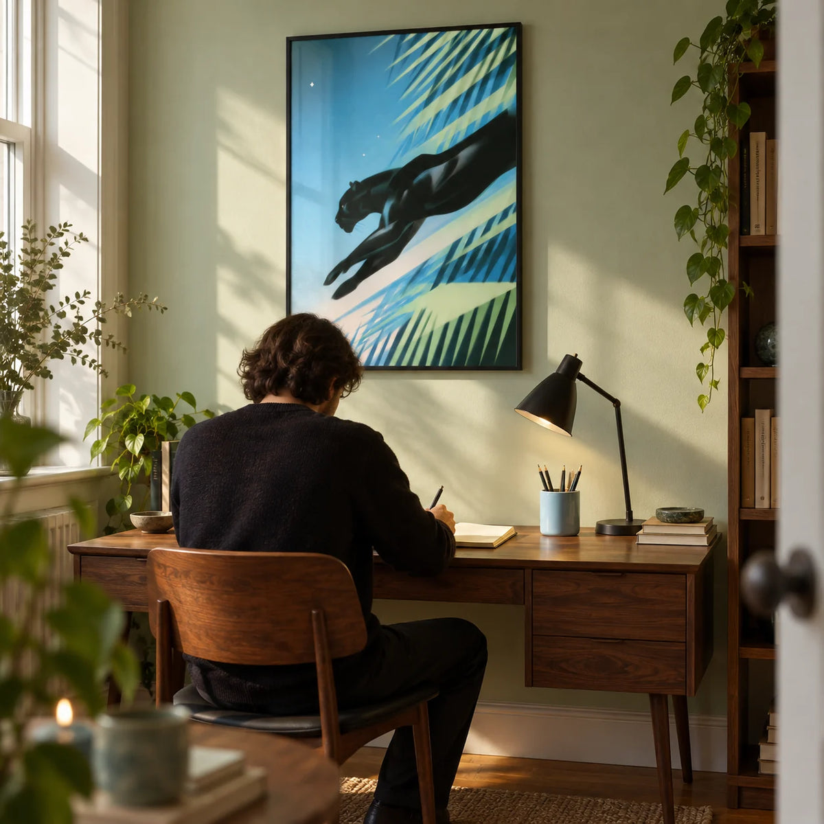 Art Deco Black Panther Print, framed on the wall of a small home study in a design-conscious UK flat with a pale green wall and oak floor
