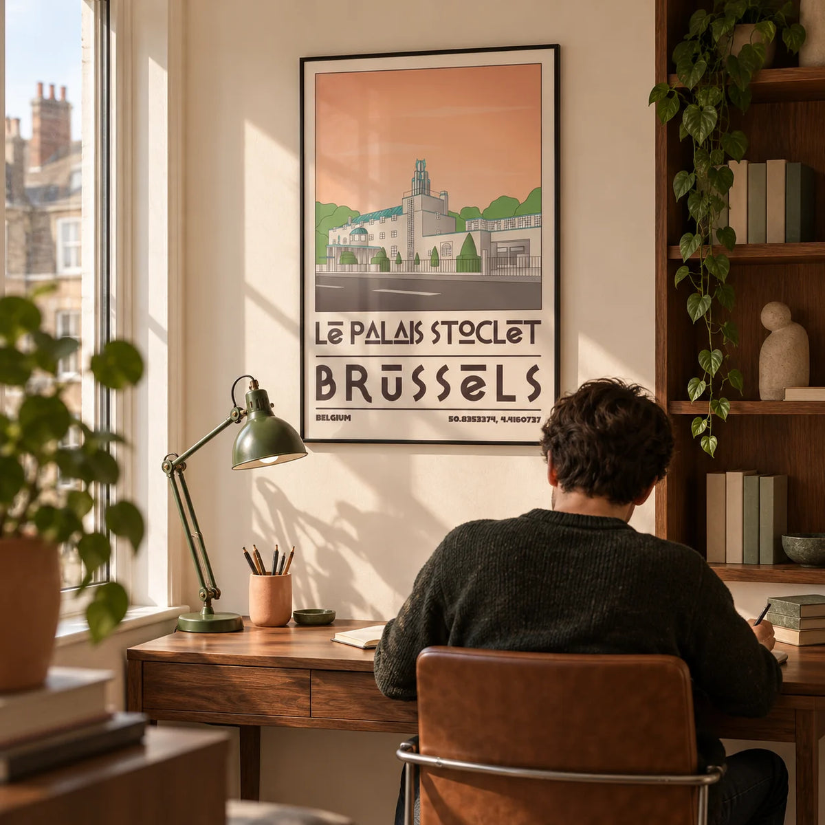 Art Deco Brussels Print, framed on the wall of a compact home study for an architecture enthusiast in a UK city flat with a warm cream wall and built-in walnut shelves holding a few plain bound books