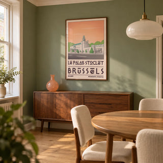 Art Deco Brussels Print, framed on the wall of a small dining room in a British 1930s semi with a muted green wall