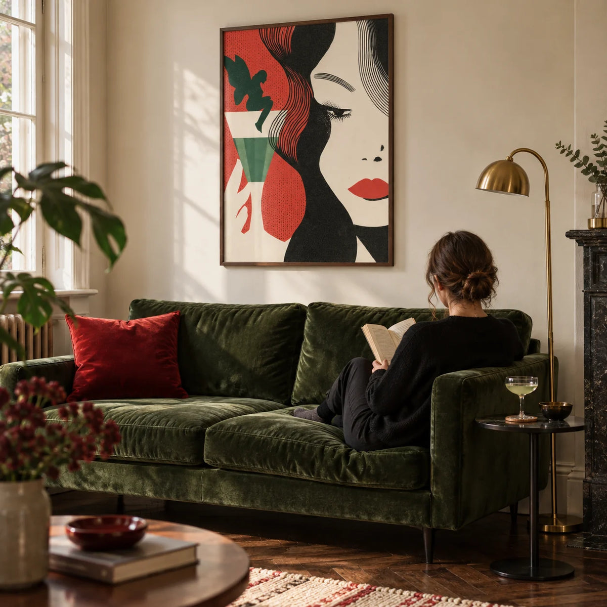 Art Deco Cocktail Woman Print, framed on the wall of a characterful living room in a 1930s semi with a cream wall and dark parquet floor