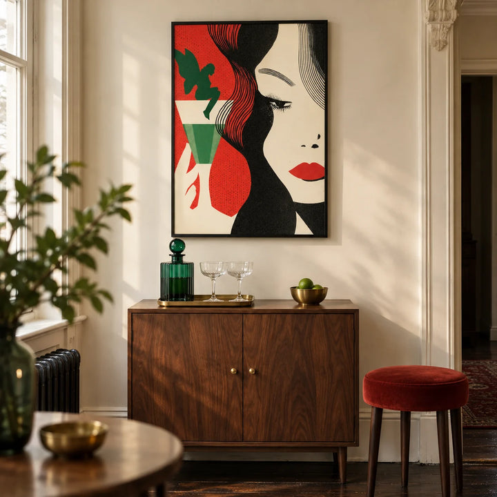 Art Deco Cocktail Woman Print, framed on the wall of a compact home bar in a Victorian terrace with a warm cream wall and dark timber floor in a living room