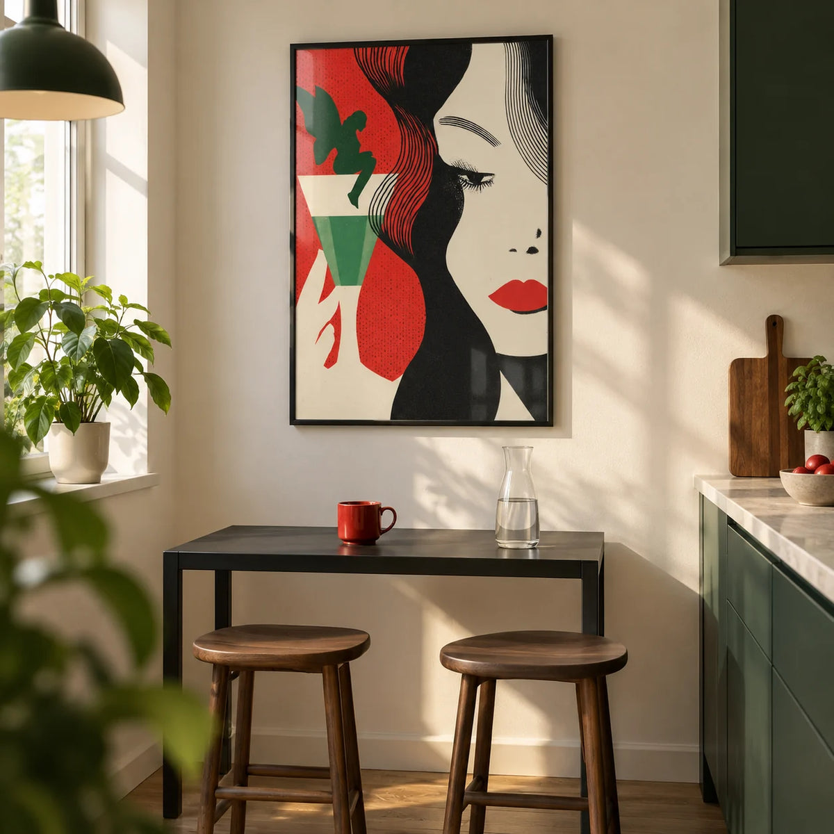 Art Deco Cocktail Woman Print, framed on the wall of a crisp kitchen breakfast corner in a first flat for a couple aged 25-35