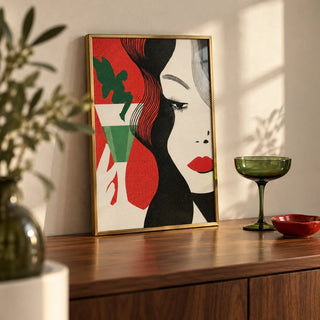 Art Deco Cocktail Woman Print, a small A4 framed print leaning on a walnut home-bar sideboard in a living room