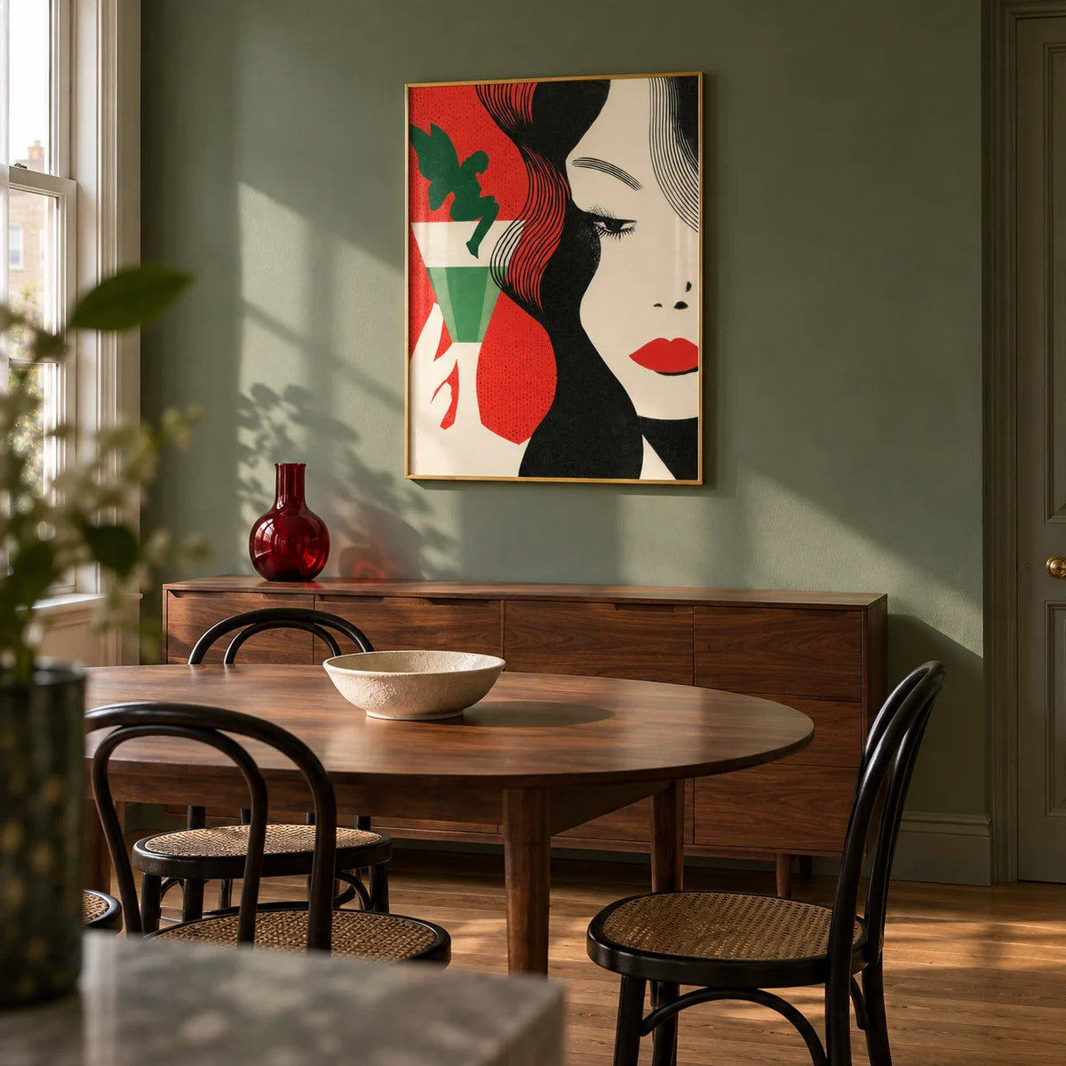 Art Deco Cocktail Woman Print, framed on the wall of a sophisticated dining room in a UK city flat with a muted green wall