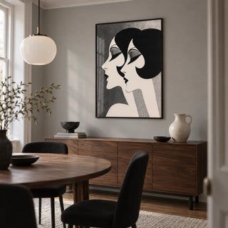 Art Deco Female Profiles Print, framed on the wall of a modern dining room in a UK terrace with a soft silver-grey wall and subtle stepped ceiling cornice