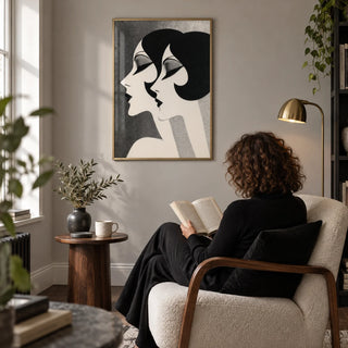 Art Deco Female Profiles Print, framed on the wall of a quiet reading corner in a design-conscious UK flat with a pale grey wall and dark oak floor in a living room