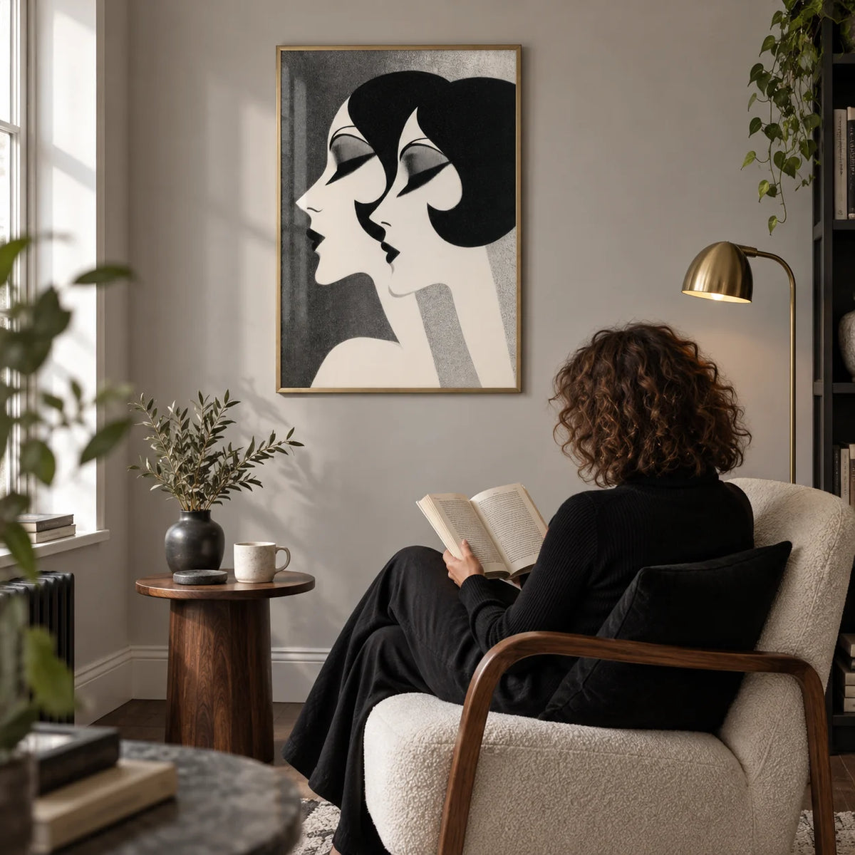 Art Deco Female Profiles Print, framed on the wall of a quiet reading corner in a design-conscious UK flat with a pale grey wall and dark oak floor in a living room
