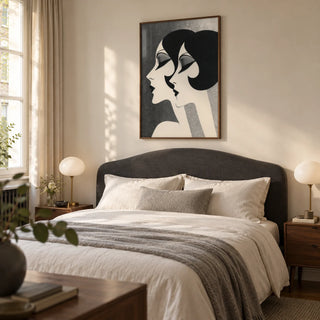 Art Deco Female Profiles Print, framed on the wall of a refined adult bedroom in a British flat with warm ivory walls