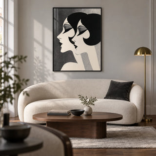 Art Deco Female Profiles Print, framed on the wall of a sophisticated living room in a UK city flat with pale grey walls