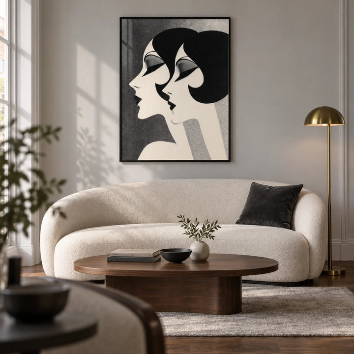 Art Deco Female Profiles Print, framed on the wall of a sophisticated living room in a UK city flat with pale grey walls