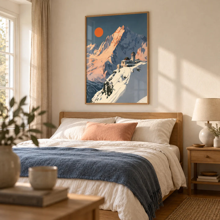 Art Deco Mountain Poster, framed on the wall of a restful adult bedroom in a countryside terrace with warm white walls and honey-toned wooden floorboards