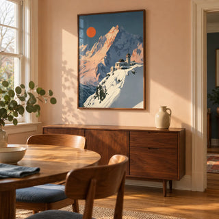 Art Deco Mountain Poster, framed on the wall of a warm dining room in a modest 1930s semi with pale peach walls and an oak floor