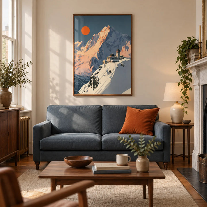 Art Deco Mountain Poster, framed on the wall of a warm living room in a Victorian terrace with ivory plaster walls