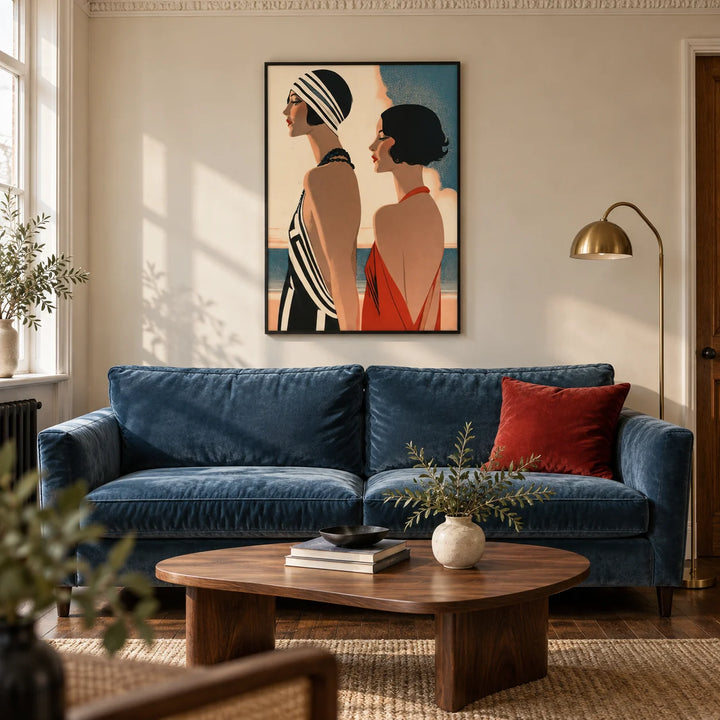 Art Deco Riviera Fashion Print, framed on the wall of a characterful living room in a UK period flat with cream walls