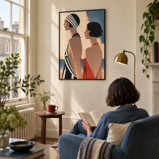 Art Deco Riviera Fashion Print, framed on the wall of a quiet reading corner in a characterful UK flat with a cream wall and a tall sash window in a living room