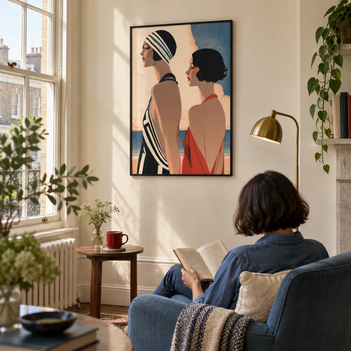 Art Deco Riviera Fashion Print, framed on the wall of a quiet reading corner in a characterful UK flat with a cream wall and a tall sash window in a living room