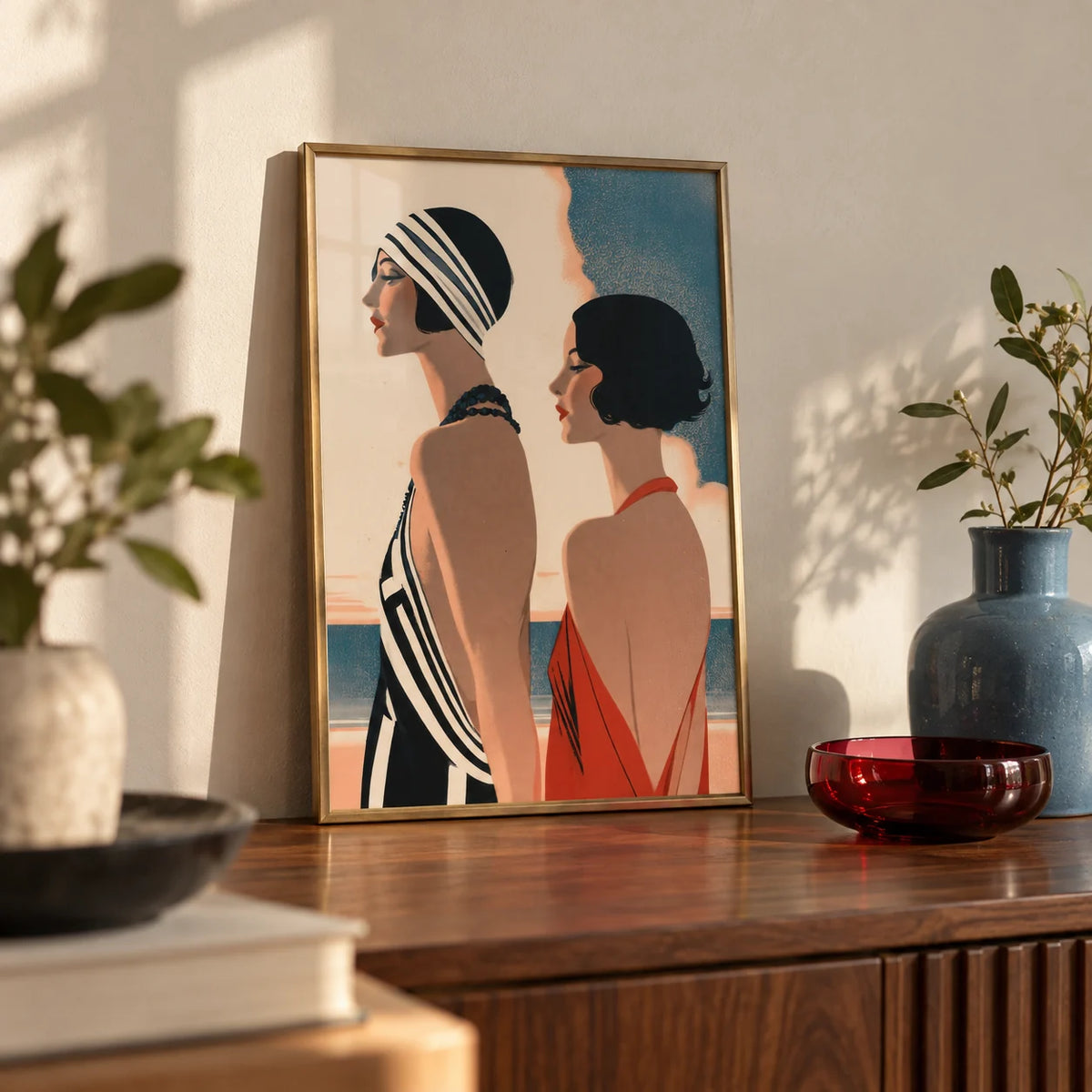 Art Deco Riviera Fashion Print, a small A4 framed print leaning on a walnut side table in a hallway