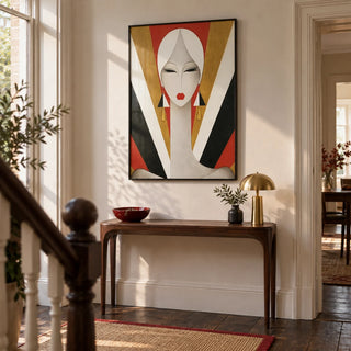 Art Deco Woman Portrait Print, framed on the wall of a characterful entrance hall in a renovated British terrace with ivory plaster walls and dark timber floorboards