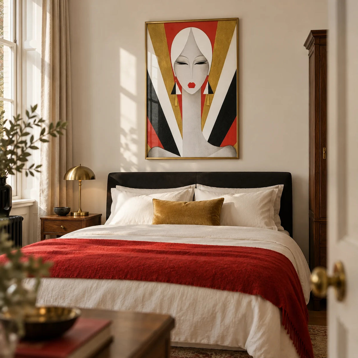 Art Deco Woman Portrait Print, framed on the wall of a polished adult bedroom in a British period home with a warm ivory wall and simple walnut furniture