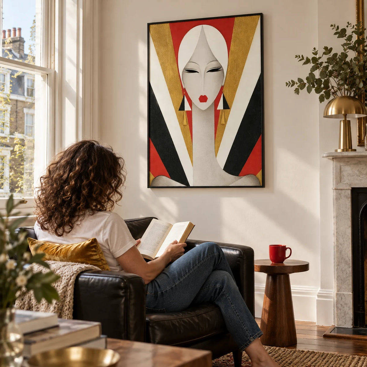 Art Deco Woman Portrait Print, framed on the wall of a quiet reading corner in a mature design lover's UK flat with ivory walls and a tall sash window in a living room