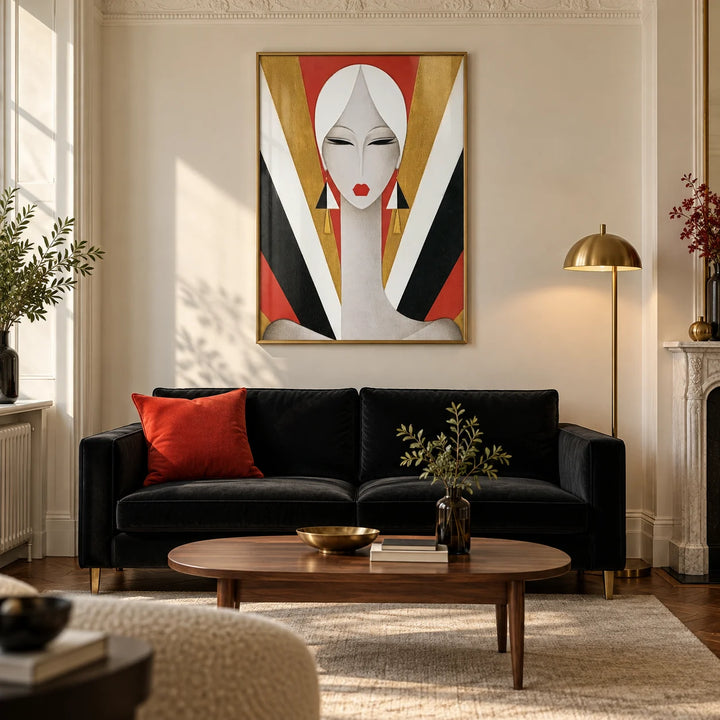 Art Deco Woman Portrait Print, framed on the wall of a refined Art Deco-inspired living room in a UK period flat with warm ivory walls