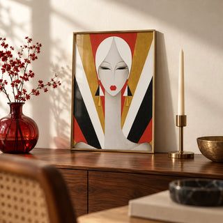 Art Deco Woman Portrait Print, a small A4 framed print leaning on a walnut side table in a hallway