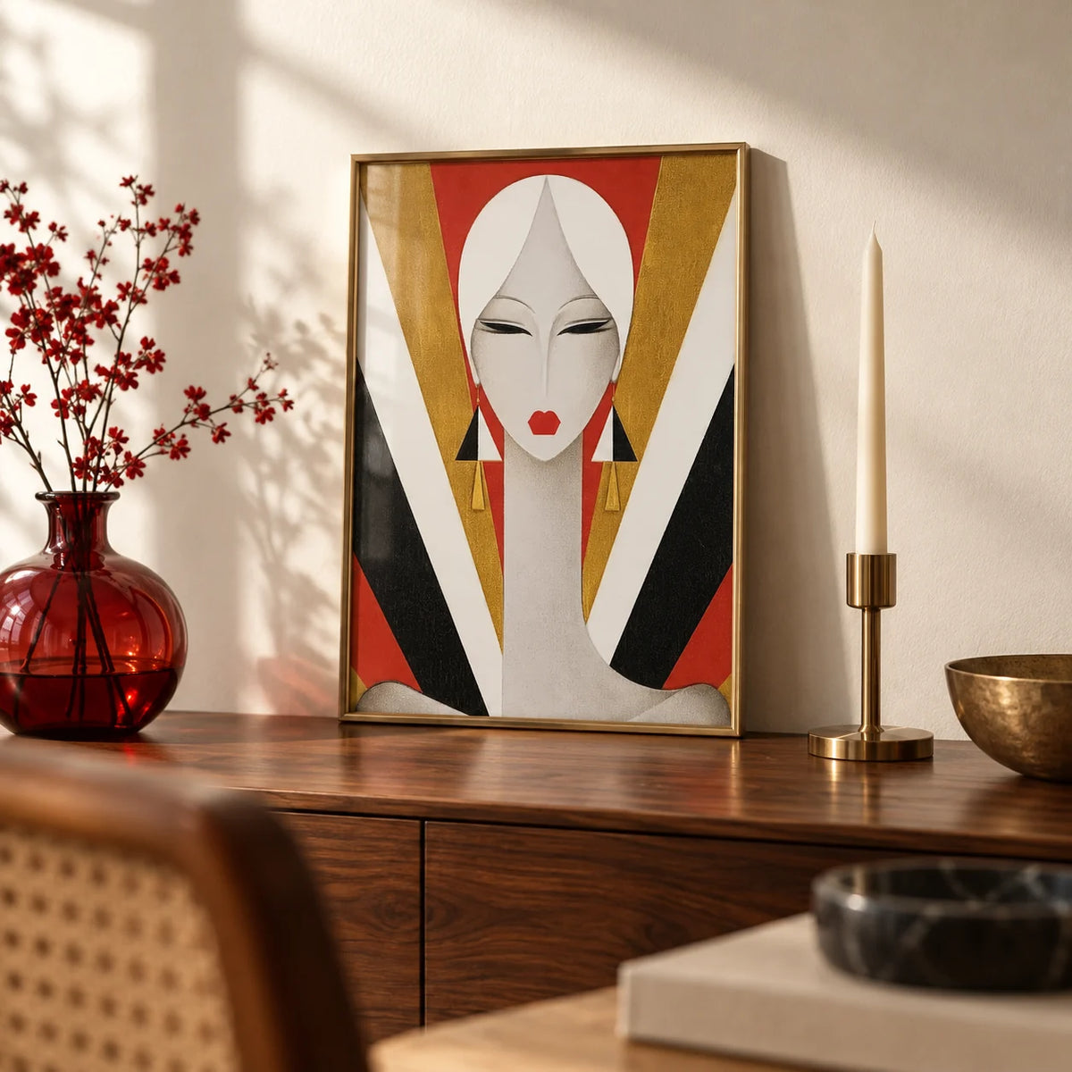 Art Deco Woman Portrait Print, a small A4 framed print leaning on a walnut side table in a hallway