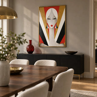 Art Deco Woman Portrait Print, framed on the wall of a sophisticated dining room in a design-led city flat with a muted warm grey wall and plain oak flooring